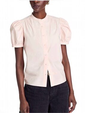 Frame Denim Gathered Short Sleeve Button Front Top In Light Pink, size XS, NWT